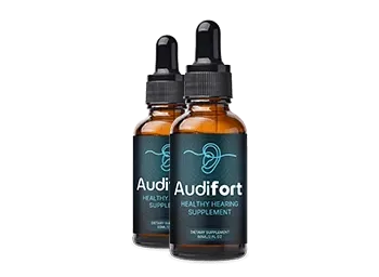 Two bottles of Audifort natural hearing support supplement placed side by side